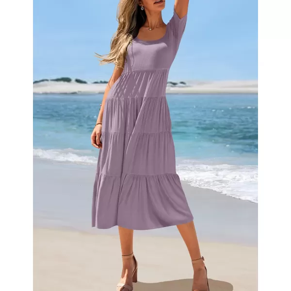 imageZESICA Womens 2024 Summer Casual T Shirt Dress Short Sleeve Scoop Neck Flowy Tiered Beach Midi Dresses with PocketsLilac