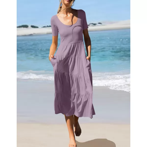 imageZESICA Womens 2024 Summer Casual T Shirt Dress Short Sleeve Scoop Neck Flowy Tiered Beach Midi Dresses with PocketsLilac