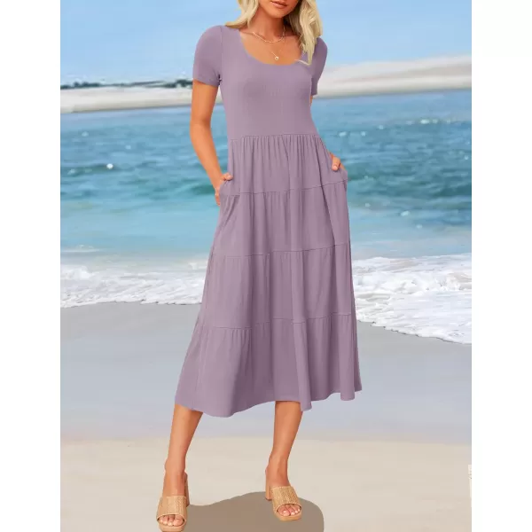 imageZESICA Womens 2024 Summer Casual T Shirt Dress Short Sleeve Scoop Neck Flowy Tiered Beach Midi Dresses with PocketsLilac
