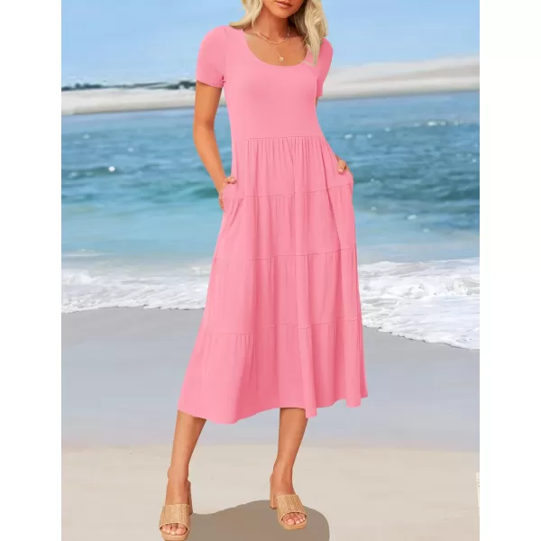 imageZESICA Womens 2024 Summer Casual T Shirt Dress Short Sleeve Scoop Neck Flowy Tiered Beach Midi Dresses with PocketsPink