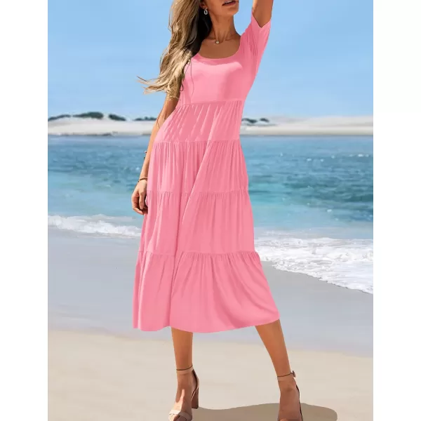 imageZESICA Womens 2024 Summer Casual T Shirt Dress Short Sleeve Scoop Neck Flowy Tiered Beach Midi Dresses with PocketsPink