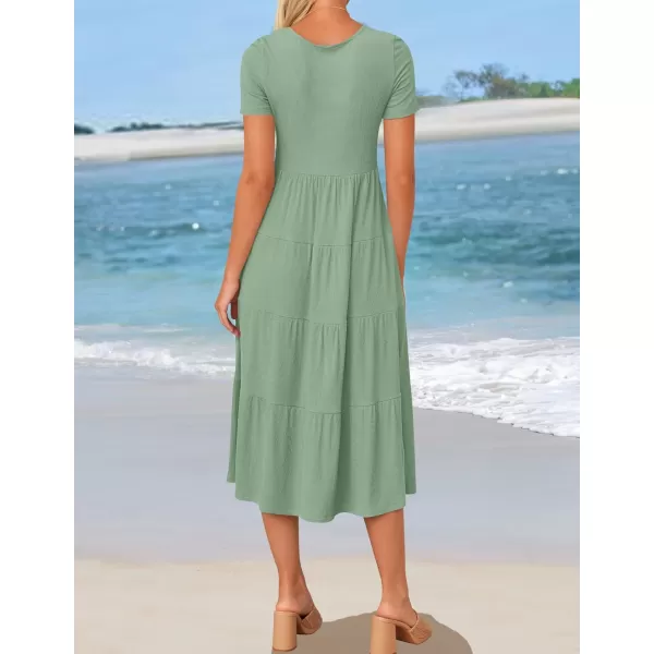imageZESICA Womens 2024 Summer Casual T Shirt Dress Short Sleeve Scoop Neck Flowy Tiered Beach Midi Dresses with PocketsSagegreen