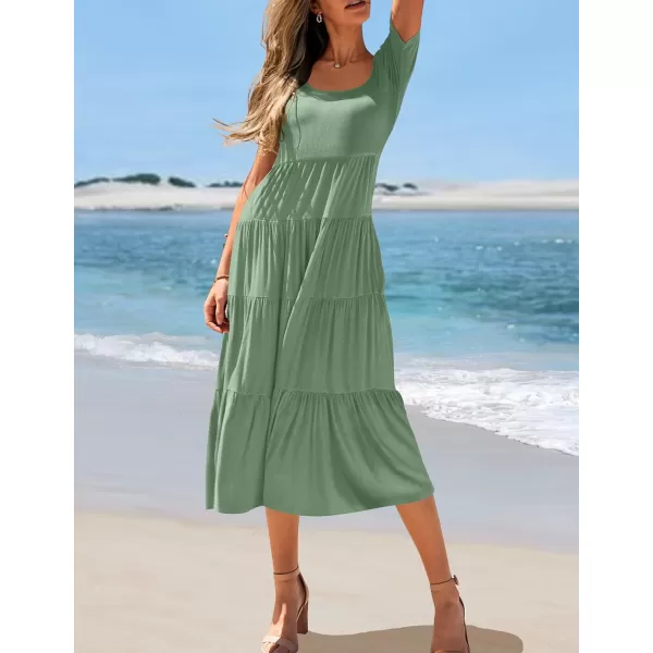 imageZESICA Womens 2024 Summer Casual T Shirt Dress Short Sleeve Scoop Neck Flowy Tiered Beach Midi Dresses with PocketsSagegreen
