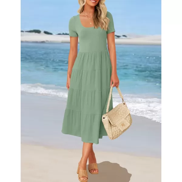 imageZESICA Womens 2024 Summer Casual T Shirt Dress Short Sleeve Scoop Neck Flowy Tiered Beach Midi Dresses with PocketsSagegreen