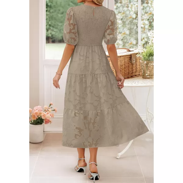 imageZESICA Womens 2024 Summer Short Puff Sleeve Crewneck Smocked Floral Lace Flowy A Line Tiered Maxi DressesAlmond