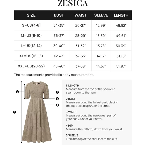imageZESICA Womens 2024 Summer Short Puff Sleeve Crewneck Smocked Floral Lace Flowy A Line Tiered Maxi DressesAlmond