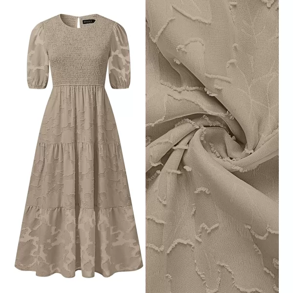 imageZESICA Womens 2024 Summer Short Puff Sleeve Crewneck Smocked Floral Lace Flowy A Line Tiered Maxi DressesAlmond
