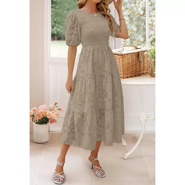 imageZESICA Womens 2024 Summer Short Puff Sleeve Crewneck Smocked Floral Lace Flowy A Line Tiered Maxi DressesAlmond