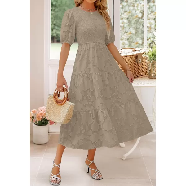 imageZESICA Womens 2024 Summer Short Puff Sleeve Crewneck Smocked Floral Lace Flowy A Line Tiered Maxi DressesAlmond