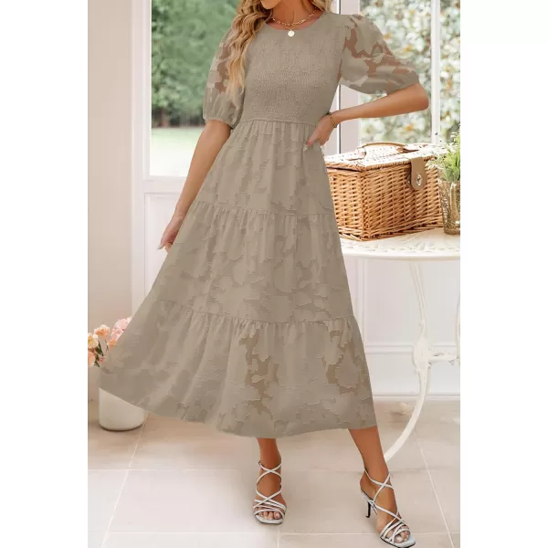imageZESICA Womens 2024 Summer Short Puff Sleeve Crewneck Smocked Floral Lace Flowy A Line Tiered Maxi DressesAlmond