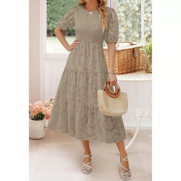 imageZESICA Womens 2024 Summer Short Puff Sleeve Crewneck Smocked Floral Lace Flowy A Line Tiered Maxi DressesAlmond