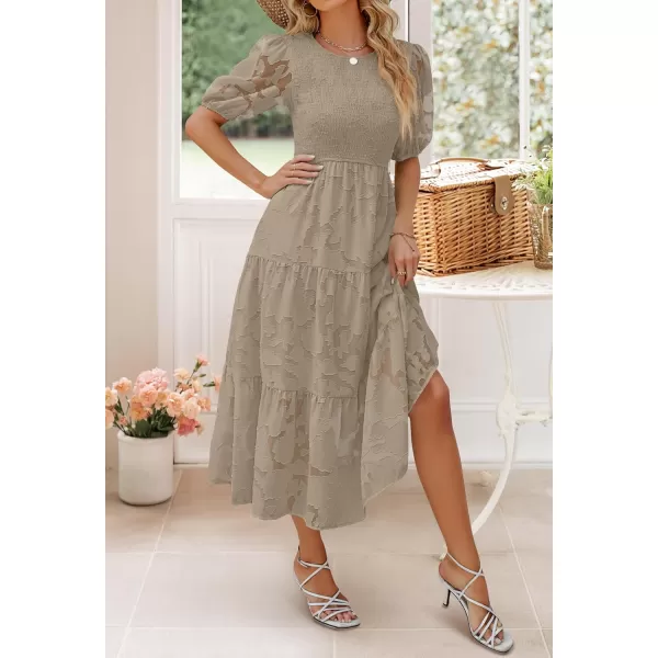 imageZESICA Womens 2024 Summer Short Puff Sleeve Crewneck Smocked Floral Lace Flowy A Line Tiered Maxi DressesAlmond