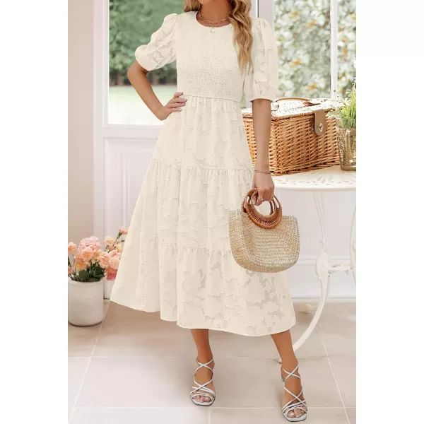 imageZESICA Womens 2024 Summer Short Puff Sleeve Crewneck Smocked Floral Lace Flowy A Line Tiered Maxi DressesBeige