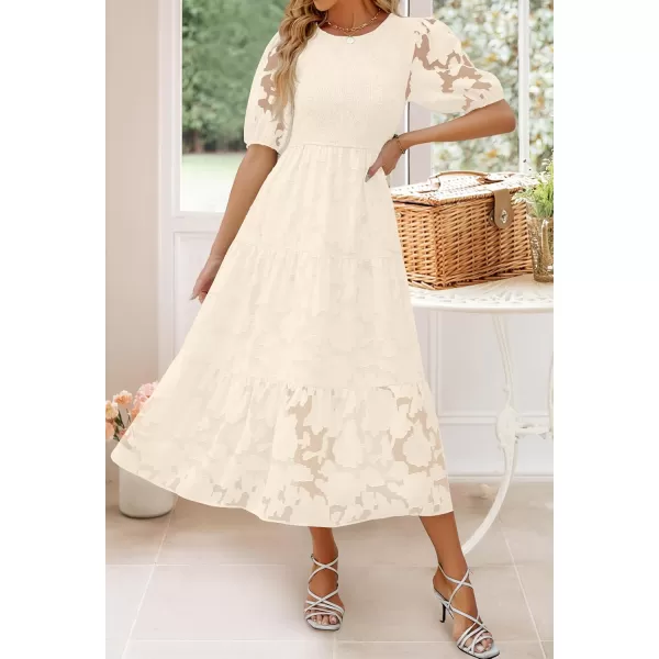 imageZESICA Womens 2024 Summer Short Puff Sleeve Crewneck Smocked Floral Lace Flowy A Line Tiered Maxi DressesBeige