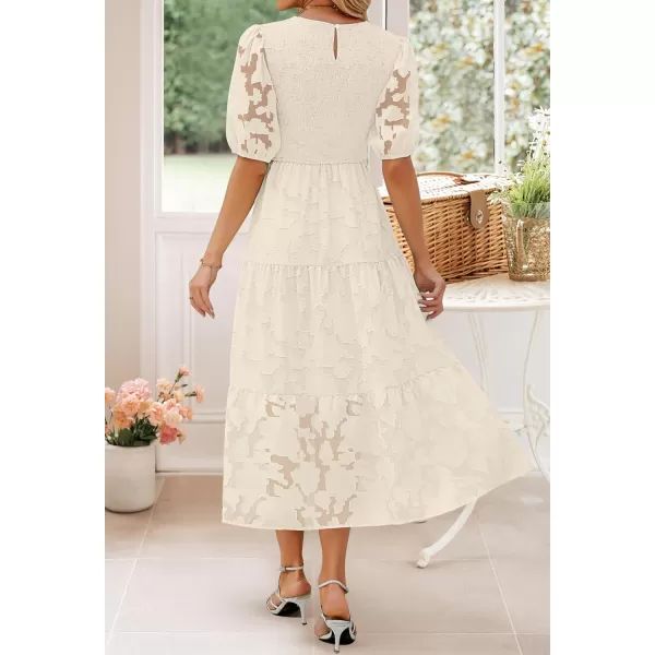 imageZESICA Womens 2024 Summer Short Puff Sleeve Crewneck Smocked Floral Lace Flowy A Line Tiered Maxi DressesBeige