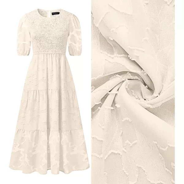 imageZESICA Womens 2024 Summer Short Puff Sleeve Crewneck Smocked Floral Lace Flowy A Line Tiered Maxi DressesBeige