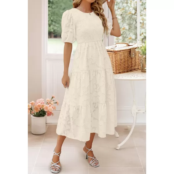 imageZESICA Womens 2024 Summer Short Puff Sleeve Crewneck Smocked Floral Lace Flowy A Line Tiered Maxi DressesBeige