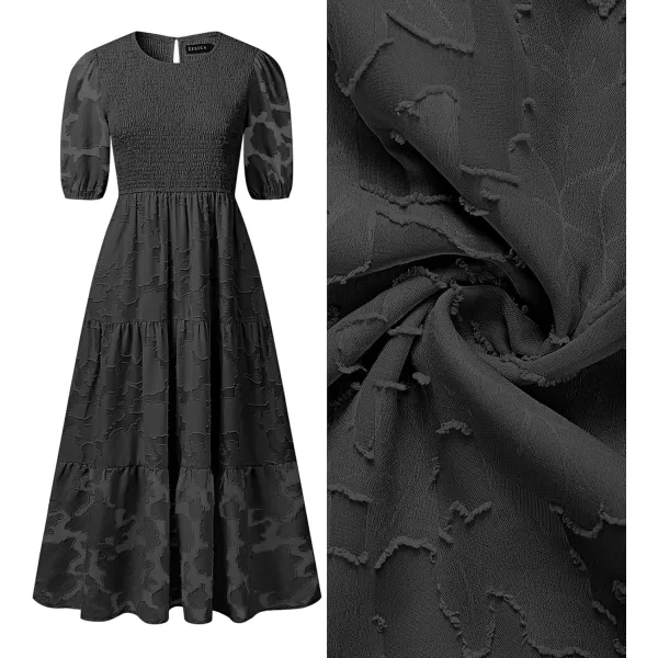 imageZESICA Womens 2024 Summer Short Puff Sleeve Crewneck Smocked Floral Lace Flowy A Line Tiered Maxi DressesBlack