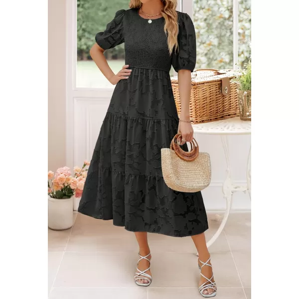 imageZESICA Womens 2024 Summer Short Puff Sleeve Crewneck Smocked Floral Lace Flowy A Line Tiered Maxi DressesBlack