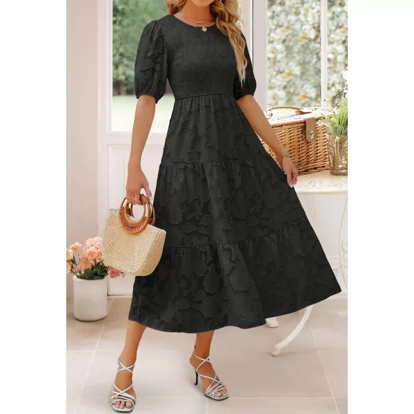 imageZESICA Womens 2024 Summer Short Puff Sleeve Crewneck Smocked Floral Lace Flowy A Line Tiered Maxi DressesBlack