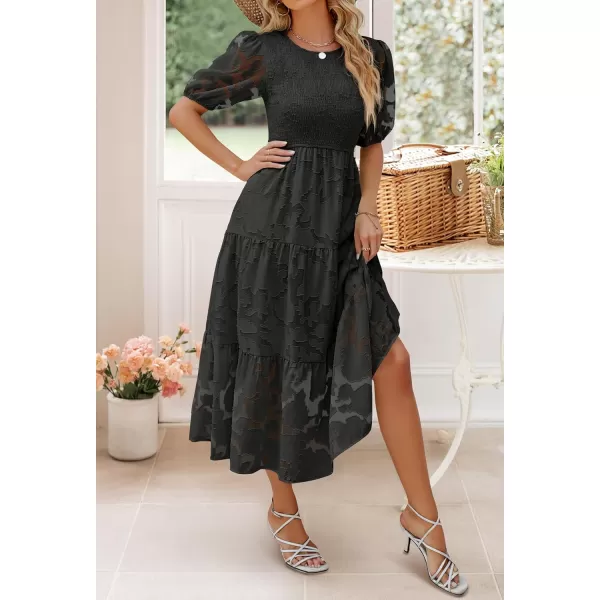 imageZESICA Womens 2024 Summer Short Puff Sleeve Crewneck Smocked Floral Lace Flowy A Line Tiered Maxi DressesBlack