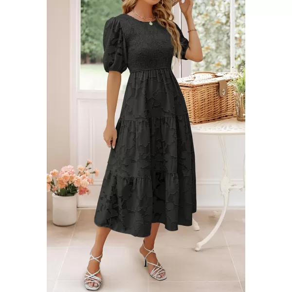 imageZESICA Womens 2024 Summer Short Puff Sleeve Crewneck Smocked Floral Lace Flowy A Line Tiered Maxi DressesBlack
