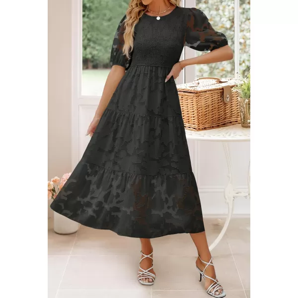 imageZESICA Womens 2024 Summer Short Puff Sleeve Crewneck Smocked Floral Lace Flowy A Line Tiered Maxi DressesBlack