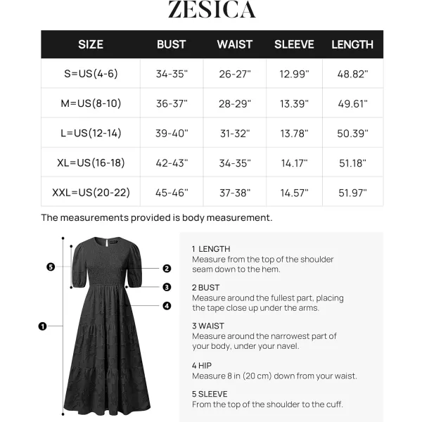 imageZESICA Womens 2024 Summer Short Puff Sleeve Crewneck Smocked Floral Lace Flowy A Line Tiered Maxi DressesBlack
