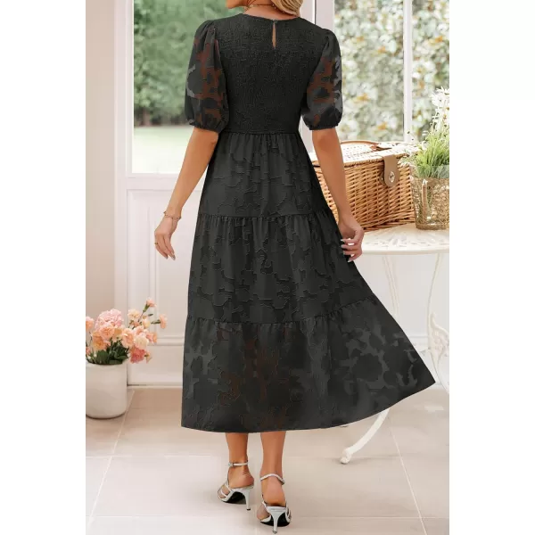 imageZESICA Womens 2024 Summer Short Puff Sleeve Crewneck Smocked Floral Lace Flowy A Line Tiered Maxi DressesBlack