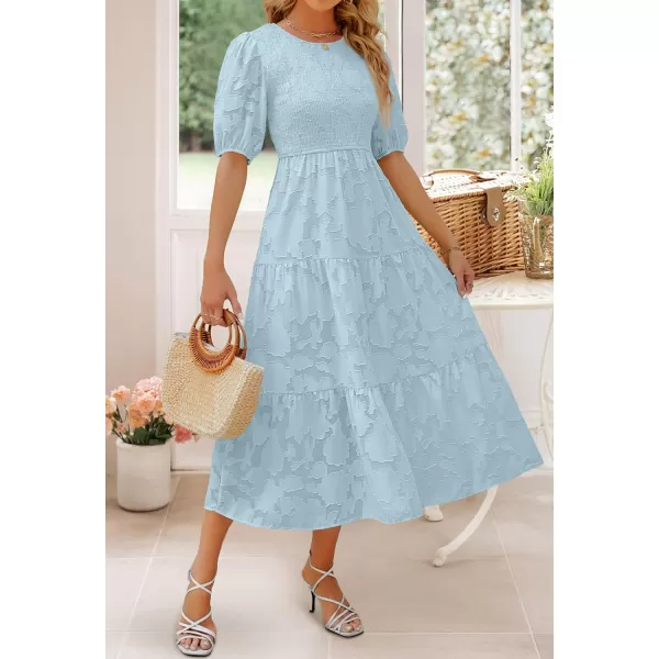 imageZESICA Womens 2024 Summer Short Puff Sleeve Crewneck Smocked Floral Lace Flowy A Line Tiered Maxi DressesBlue