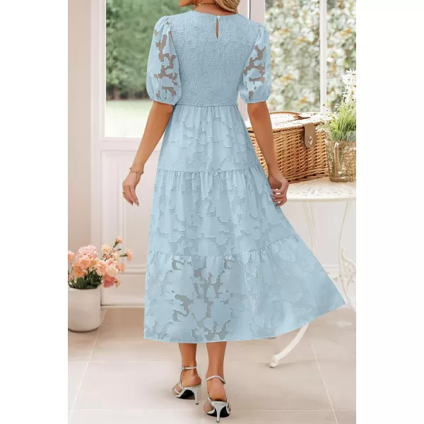 imageZESICA Womens 2024 Summer Short Puff Sleeve Crewneck Smocked Floral Lace Flowy A Line Tiered Maxi DressesBlue