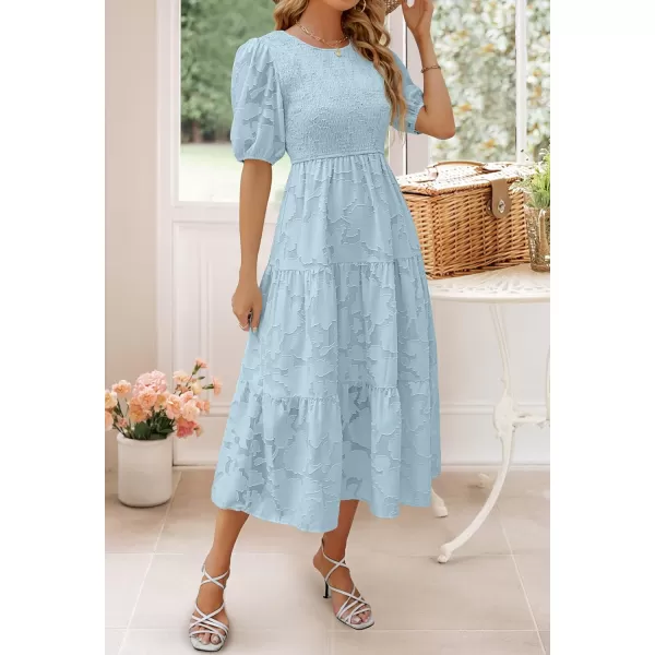 imageZESICA Womens 2024 Summer Short Puff Sleeve Crewneck Smocked Floral Lace Flowy A Line Tiered Maxi DressesBlue