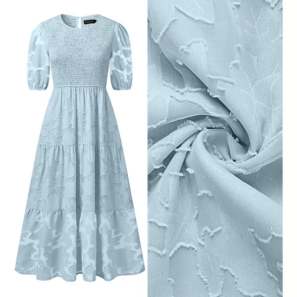 imageZESICA Womens 2024 Summer Short Puff Sleeve Crewneck Smocked Floral Lace Flowy A Line Tiered Maxi DressesBlue
