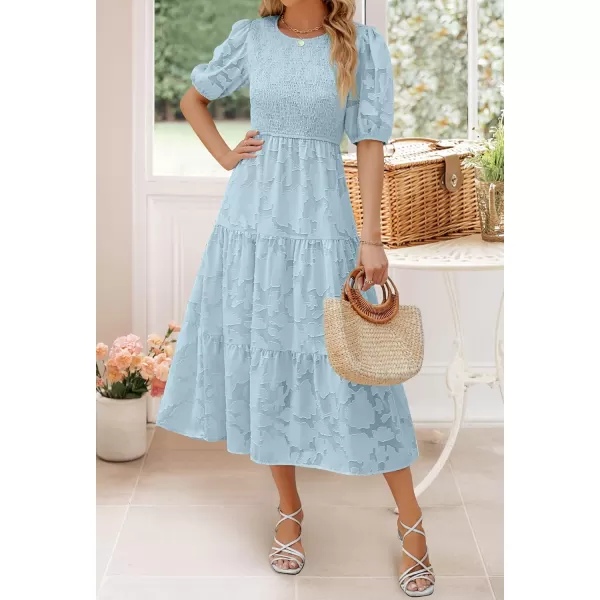 imageZESICA Womens 2024 Summer Short Puff Sleeve Crewneck Smocked Floral Lace Flowy A Line Tiered Maxi DressesBlue