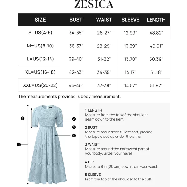 imageZESICA Womens 2024 Summer Short Puff Sleeve Crewneck Smocked Floral Lace Flowy A Line Tiered Maxi DressesBlue