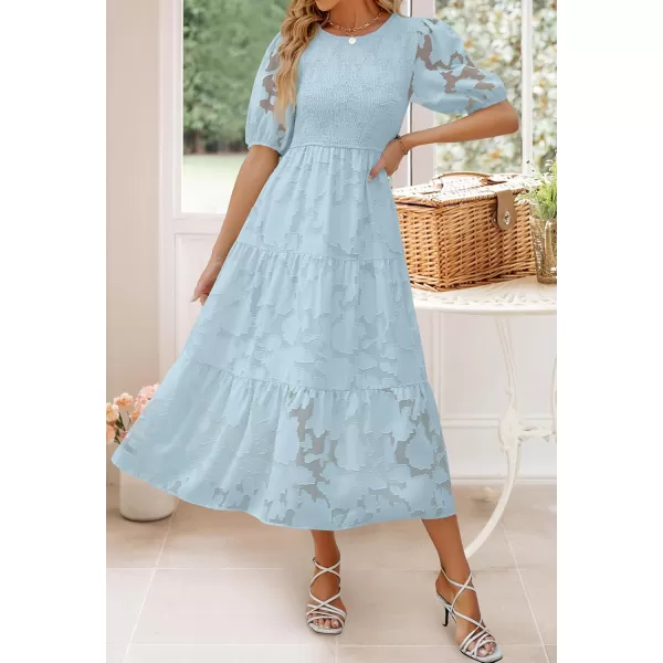 imageZESICA Womens 2024 Summer Short Puff Sleeve Crewneck Smocked Floral Lace Flowy A Line Tiered Maxi DressesBlue