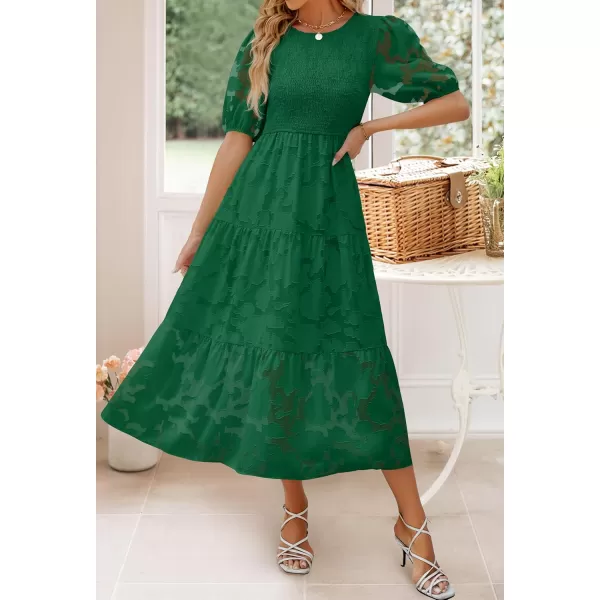 imageZESICA Womens 2024 Summer Short Puff Sleeve Crewneck Smocked Floral Lace Flowy A Line Tiered Maxi DressesDarkgreen