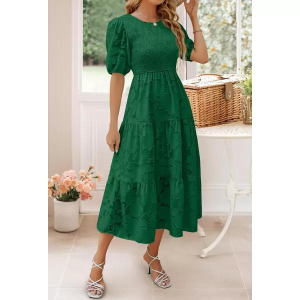 imageZESICA Womens 2024 Summer Short Puff Sleeve Crewneck Smocked Floral Lace Flowy A Line Tiered Maxi DressesDarkgreen