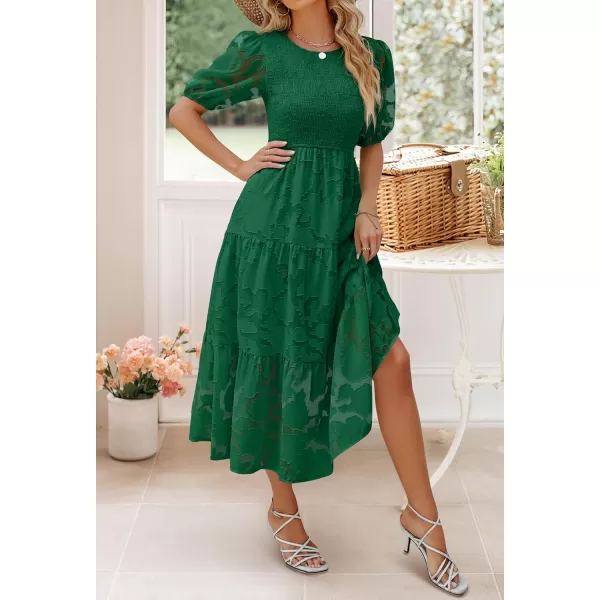 imageZESICA Womens 2024 Summer Short Puff Sleeve Crewneck Smocked Floral Lace Flowy A Line Tiered Maxi DressesDarkgreen