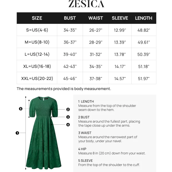imageZESICA Womens 2024 Summer Short Puff Sleeve Crewneck Smocked Floral Lace Flowy A Line Tiered Maxi DressesDarkgreen