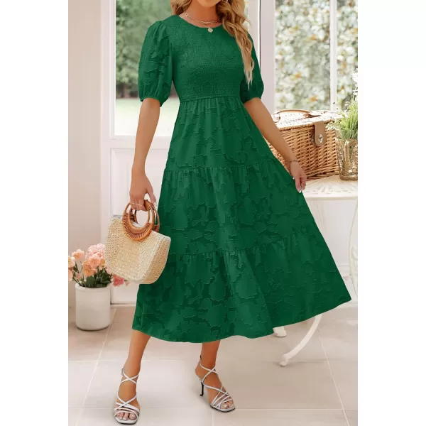 imageZESICA Womens 2024 Summer Short Puff Sleeve Crewneck Smocked Floral Lace Flowy A Line Tiered Maxi DressesDarkgreen