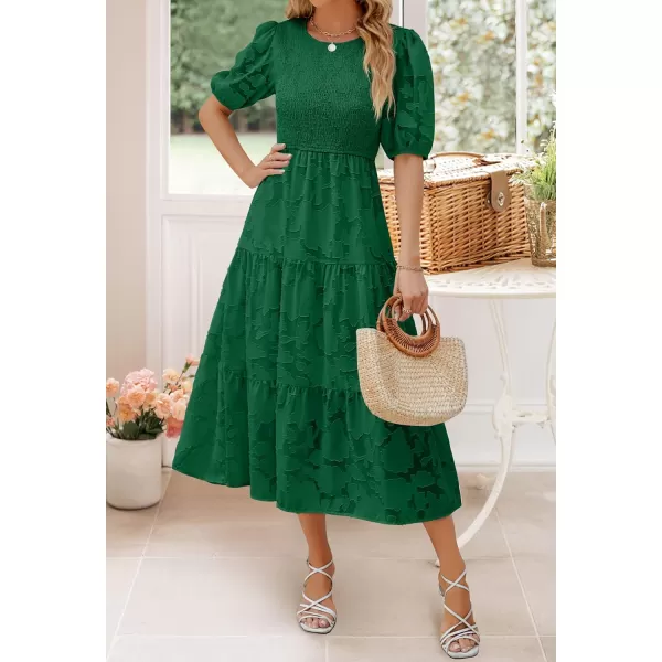 imageZESICA Womens 2024 Summer Short Puff Sleeve Crewneck Smocked Floral Lace Flowy A Line Tiered Maxi DressesDarkgreen