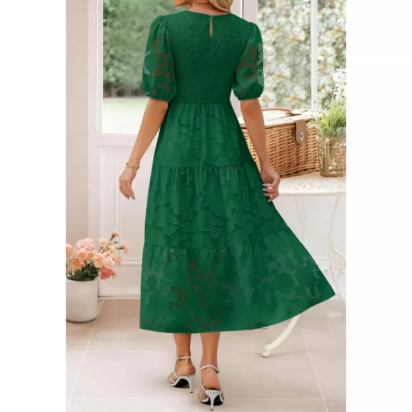 imageZESICA Womens 2024 Summer Short Puff Sleeve Crewneck Smocked Floral Lace Flowy A Line Tiered Maxi DressesDarkgreen