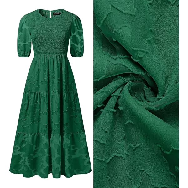 imageZESICA Womens 2024 Summer Short Puff Sleeve Crewneck Smocked Floral Lace Flowy A Line Tiered Maxi DressesDarkgreen