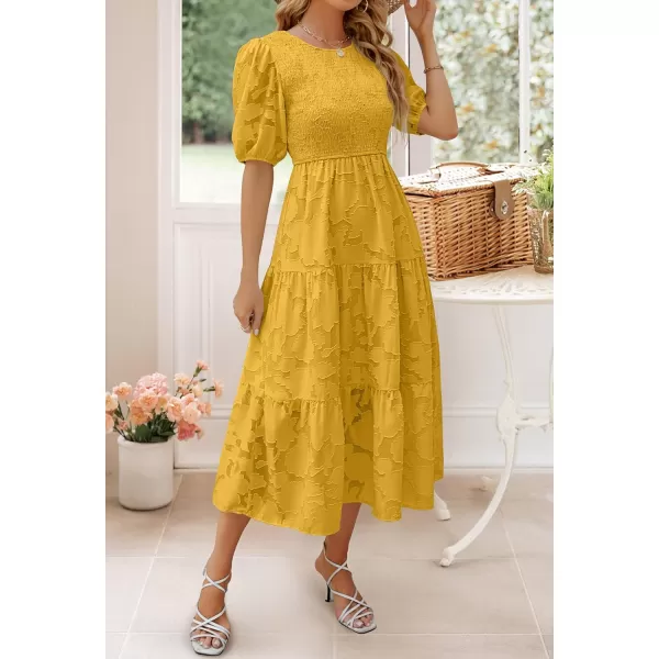 imageZESICA Womens 2024 Summer Short Puff Sleeve Crewneck Smocked Floral Lace Flowy A Line Tiered Maxi DressesGinger