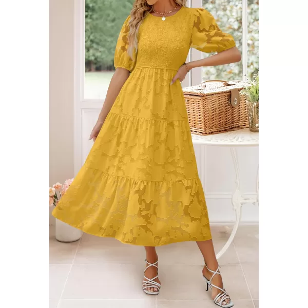 imageZESICA Womens 2024 Summer Short Puff Sleeve Crewneck Smocked Floral Lace Flowy A Line Tiered Maxi DressesGinger