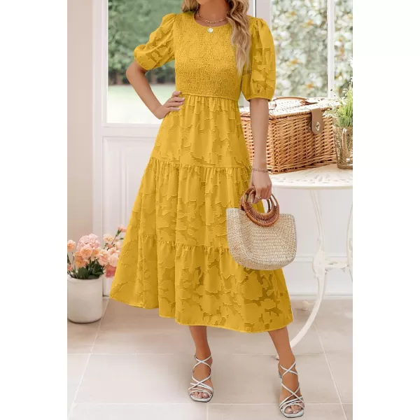 imageZESICA Womens 2024 Summer Short Puff Sleeve Crewneck Smocked Floral Lace Flowy A Line Tiered Maxi DressesGinger