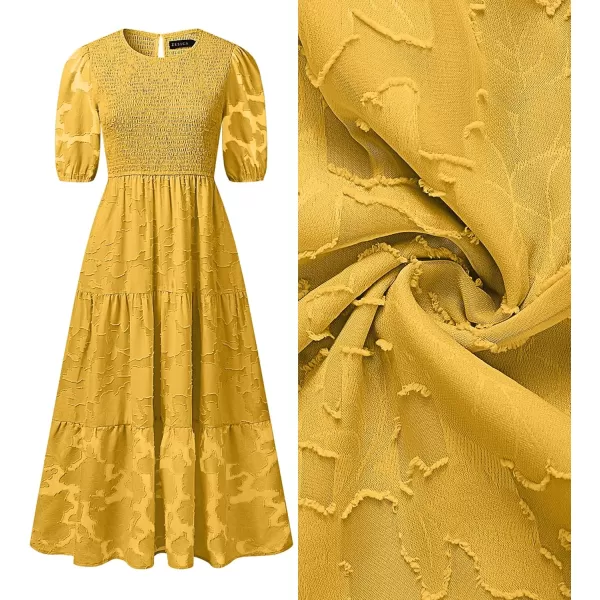 imageZESICA Womens 2024 Summer Short Puff Sleeve Crewneck Smocked Floral Lace Flowy A Line Tiered Maxi DressesGinger