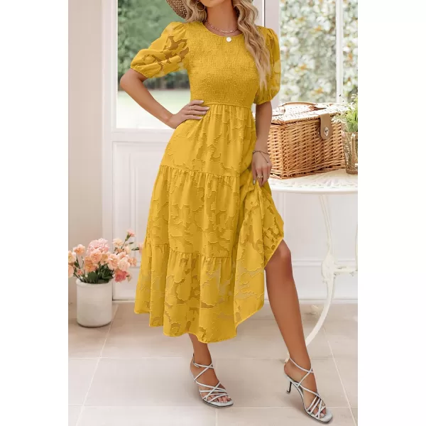 imageZESICA Womens 2024 Summer Short Puff Sleeve Crewneck Smocked Floral Lace Flowy A Line Tiered Maxi DressesGinger