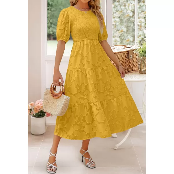 imageZESICA Womens 2024 Summer Short Puff Sleeve Crewneck Smocked Floral Lace Flowy A Line Tiered Maxi DressesGinger